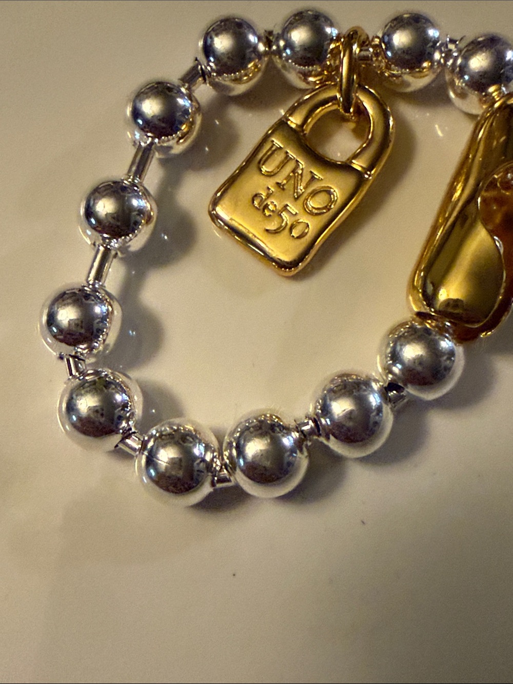 Uno de 50 Two-Tone Silver Bead and Gold Accent Women's Bracelet - Picture 6 of 6